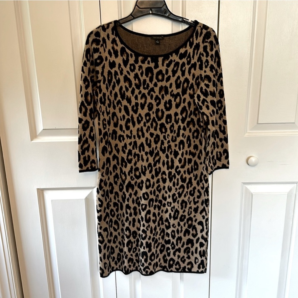 Ann Taylor Leopard Print Long Sleeve Sweater Dress in Tan and Black